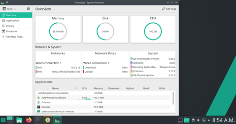 The new system monitor running in VirtualBox